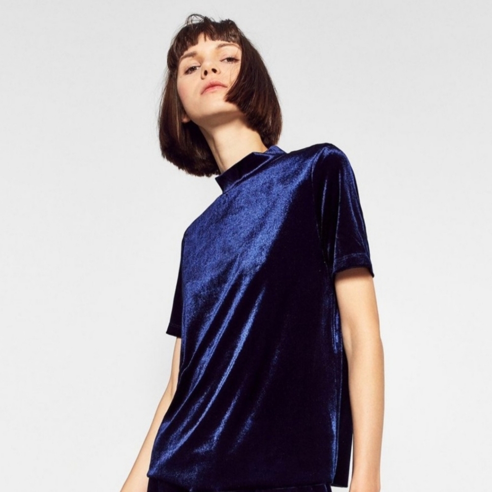Zara blue velvet mockneck short sleeve top